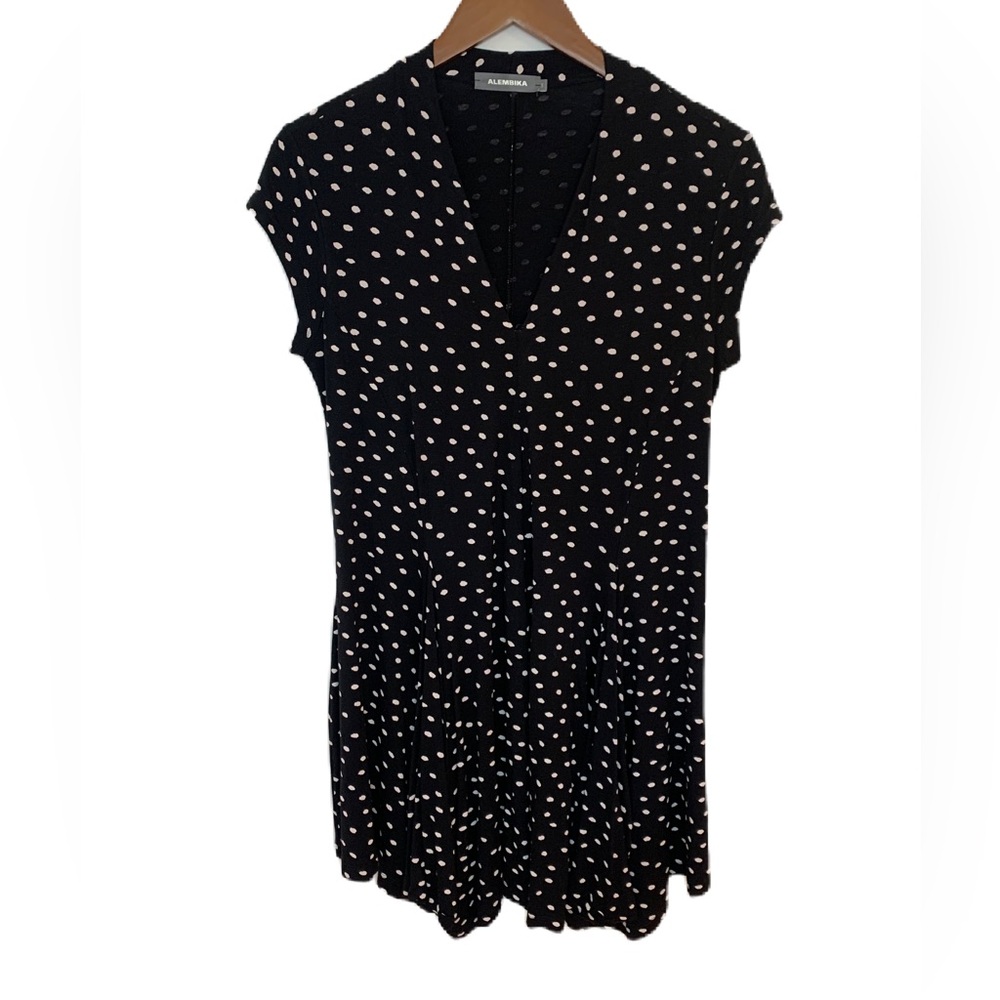 Alembika Women’s Dress Size 3/US10/Medium Black White Polka Dots Stretch V Neck